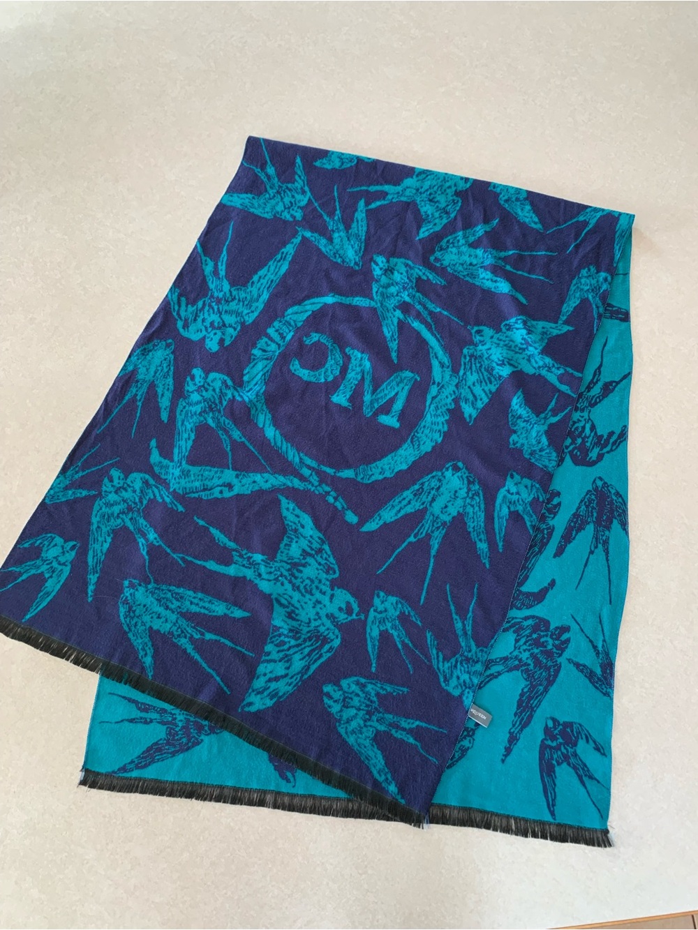 Alexander McQueen MC Logo Teal & Navy Motif of Swallows Silk Cashmere